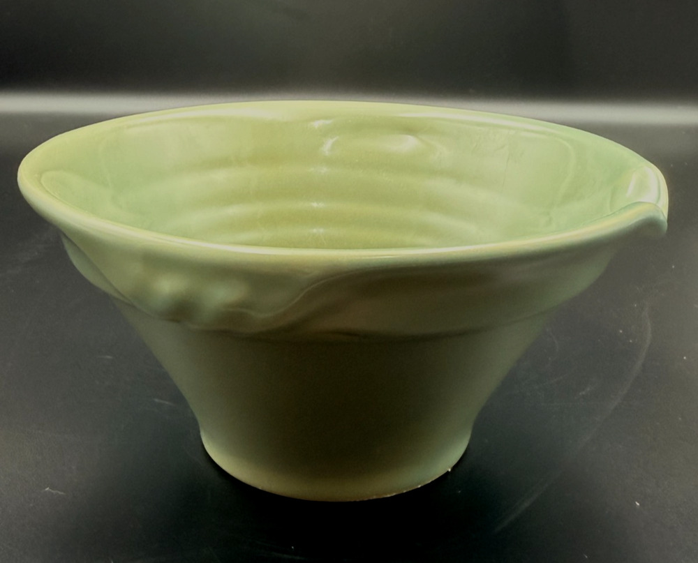 Vintage Over And Back Yellow Ware Green Pottery Mixing Bowl Pour Spout Farmhouse